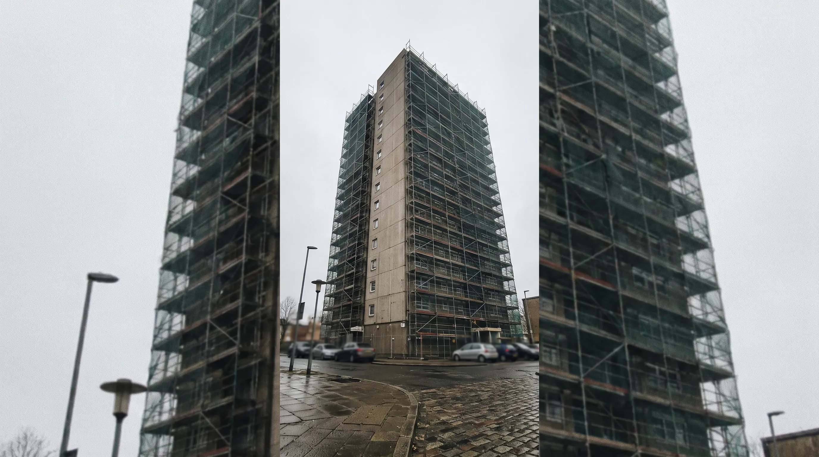 Hängebühne mit Sicherungstechnik an der Hochhaus-Fassade