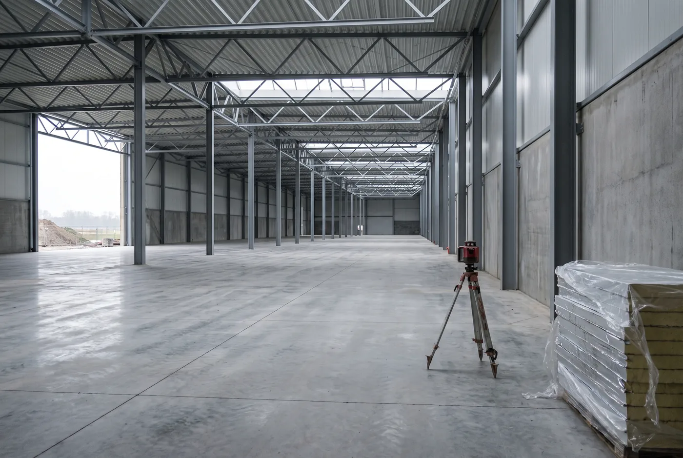 Stahlkonstruktion und Bodenplatte einer Logistikhalle