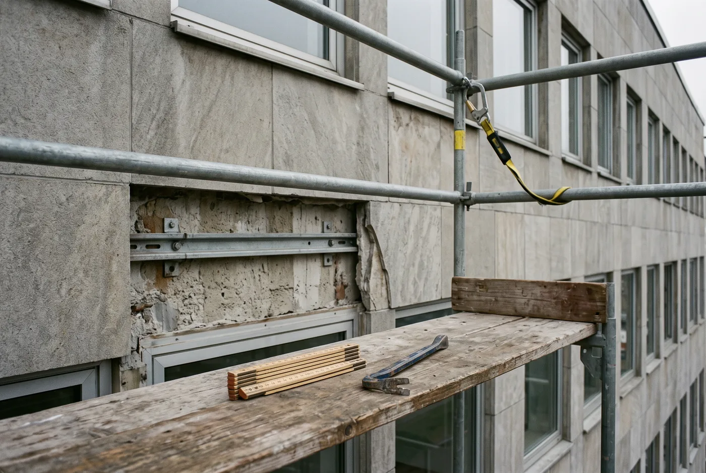 ausgebaute Natursteinplatte an der Fassade